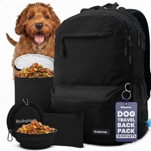 Dog Travel Bag for Supplies - Complete Dog Diaper Bag Backpack with 2 BPA-Free Travel Bowls, Treat Pouch, Food Container, Placemat & Laptop Sleeve – for Traveling, Road Trips, Hiking: Black - color: Black