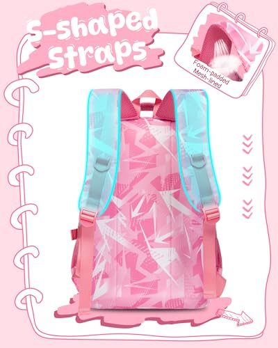 BLUEFAIRY Kids School Backpack for Boys Girls Ages 6-8 8-10 10-12 Elementary Middle School Book Bags with Laptop Compartment Mochilas Escolares para Niños Niñas de 8 10 12 Años (Pink, Geometric) - color: Pink