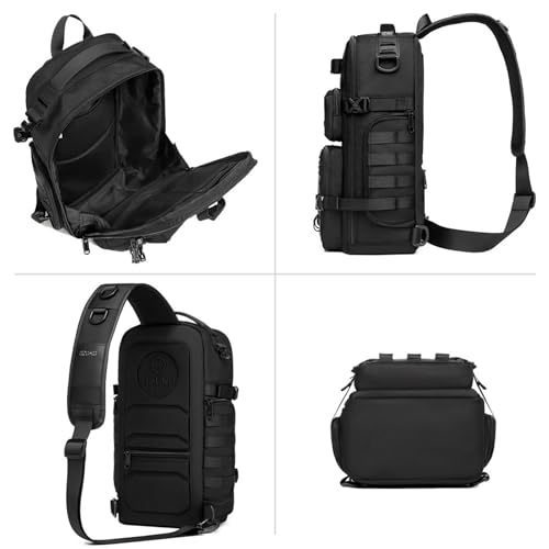 OZUKO Sling Bag for Men, Waterproof Crossbody Backpack, Tactical EDC Chest Pack with Tripod Holder for Travel, Hiking, Photography, Commuting - color: Black