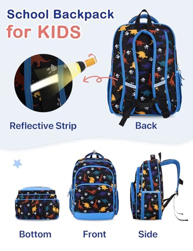 VASCHY Kids Backpacks, 12L Toddler & 17.5L School Backpacks, Lightweight Water-Resistant for Boys and Girls Ages 3-12 - color: Black Dinos-l, size: Large