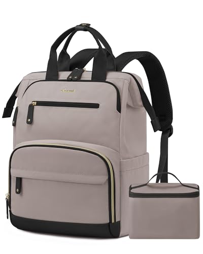 LOVEVOOK Lunch Backpack for Women, 15.6 Inch Laptop Bag with Insulated Cooler Lunch Box, Work Backpack for Teacher Nurse, Travel Backpack Lunch Bag for Camping Picnic Daily Use - color: Taupe Pink, size: 15.6 Inch
