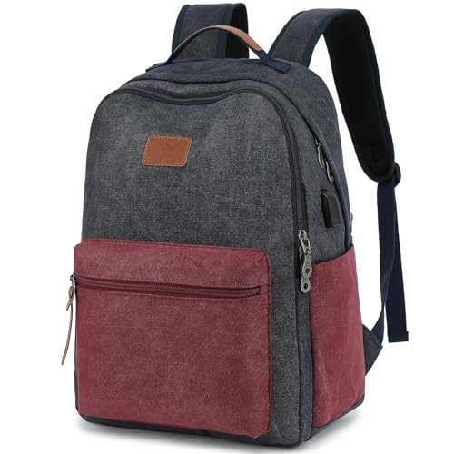 Waterproof Canvas Backpack USB Charging Port– Fits 15.6" Laptop, Blue-Red | Vintage Casual Daypack for College Students, Men & Women, Travel Work, Durable Bookbag - color: Dark Blue-red