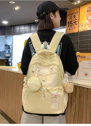 Coquette College Backpack Y2K Kawaii Preppy Large Laptop Bookbag Casual Aesthetic Fashion Travel Daypack for Women (Yellow) - color: Yellow