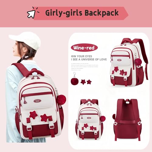 Girls Backpack for Kids Elementary Middle School, 3Pcs Backpack and Tote Bag Set for Teen Girls School Bag, with Star Pins and Furry Pendant, A08-3Pcs Wine-red - color: A08-3pcs Wine-red