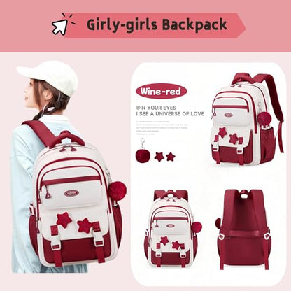Girls Backpack for Kids Elementary Middle School, 3Pcs Backpack and Tote Bag Set for Teen Girls School Bag, with Star Pins and Furry Pendant, A08-3Pcs Wine-red - color: A08-3pcs Wine-red