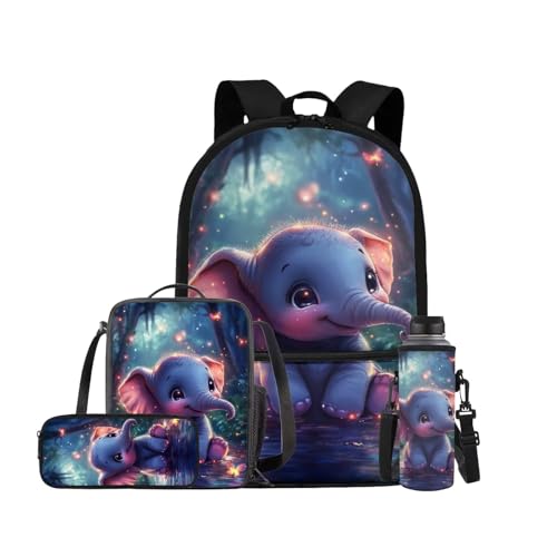 Cute Elephant Backpack for Kids Girls Backpack with Lunch Box Water Bottle Holder with Strap and Soft Pencil Case 4PCS Set Elementary Bookbag with Front Pocket 17 inch Sturdy School Bag - color: Little Elephant