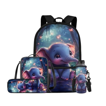 Cute Elephant Backpack for Kids Girls Backpack with Lunch Box Water Bottle Holder with Strap and Soft Pencil Case 4PCS Set Elementary Bookbag with Front Pocket 17 inch Sturdy School Bag - color: Little Elephant