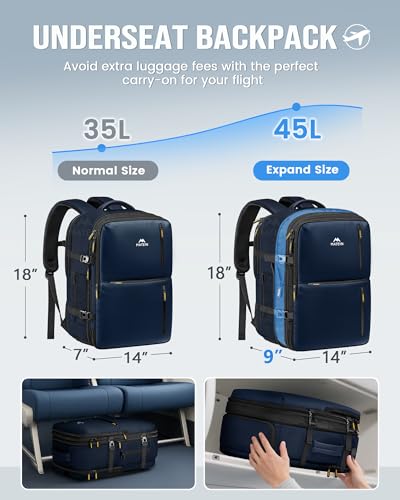 MATEIN Personal Item Backpack 18x14x8, Expandable TSA Approved Underseat Travel Backpack Fit 17.3 inch Laptop, Large Carry on Bag Luggage with Shoe Compartment Removable for Frontier Airlines, Blue - color: Blue