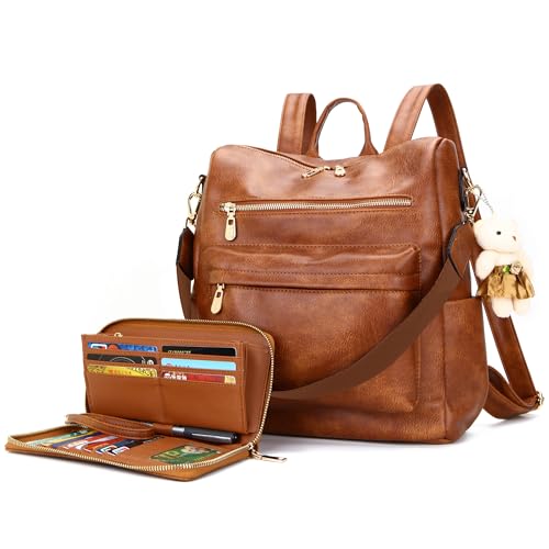 Soperwillton Women Backpack Purse Multipurpose Design Handbags Shoulder Bag PU Leather Travel bag Backpack Set 2pcs - color: Z-brown