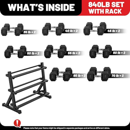 PAPABABE Hex Dumbbell Set with Rack, Rubber Encased Free Weight with Weight Storage Racks, Multiple Weight Options for Home Gym and Fitness - style: 840LB with 3-Tier Weight Rack