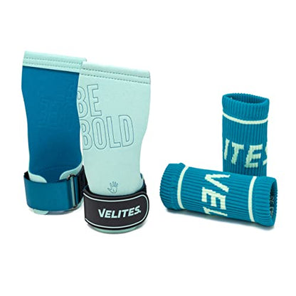 Velites - Official Games Quad Pro Grips - with Chalk - Wristbands Included - Pull-ups, Muscle-ups, and Toes-to-bar - color: LIGHT BLUE, size: X-Large