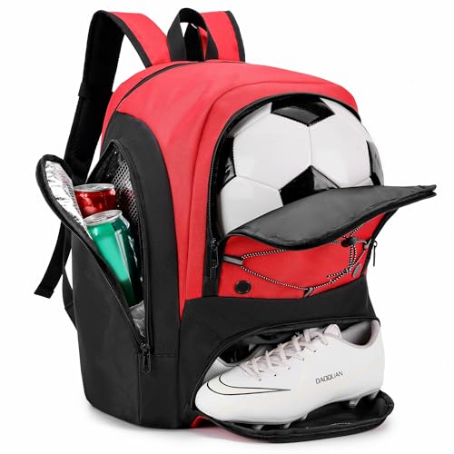 Soccer Backpack with Ball Holder,Youth soccer Bag for Basketball,Volleyball-Includes Separate Shoe Compartment&and Insulation (Red) - color: Red