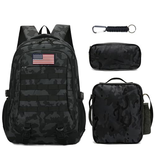 Camo Backpack for Boys 3 in 1 Set, 19 Inch 55L Tactical Bookbag with Lunch Box Pencil Case, Molle School Backpack for Kids Teens, Daily School Commute Outdoor Camping for Elementary Middle High School - color: Camo Backpack Set 4