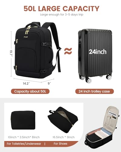 LOVEVOOK Carry on Backpack, 50L Large Travel Backpack For Airplanes, TSA Personal Item Travel Bag, Waterproof Daypack Fits 18 Inch Laptop, Business Weekender Overnight With 3 Packing Cubes, Black - color: Black, size: 50l-18 Inch-4pcs