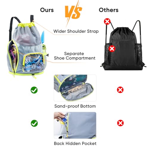 Mesh Drawstring Backpack with Shoe Compartment, Sandproof Beach Swim Bag with Wet Pocket, Pool Gym Shower Bag for Travel Summer Camp - color: Grey, style: Style a