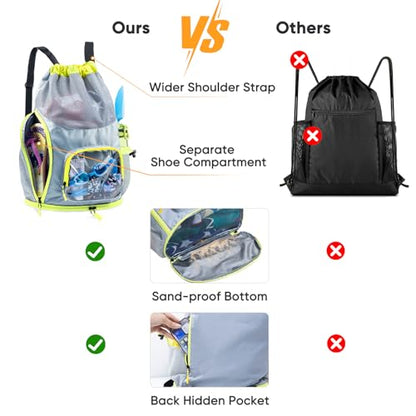 Mesh Drawstring Backpack with Shoe Compartment, Sandproof Beach Swim Bag with Wet Pocket, Pool Gym Shower Bag for Travel Summer Camp - color: Grey, style: Style a