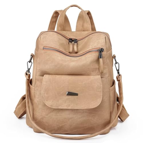 WYFJNX PU Leather Backpack Purse for Women Fashion Multipurpose Design Handbag Ladies Shoulder Bags Travel Backpack Khaki - color: Khaki