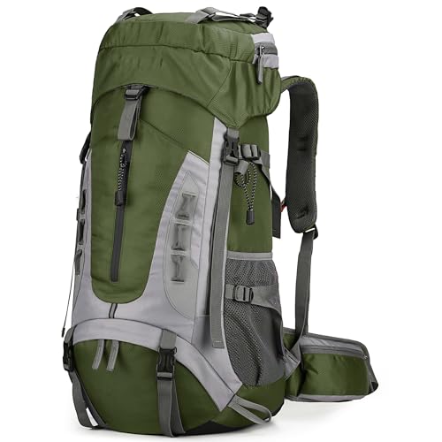 75L Hiking Backpack with Rain Cover Waterproof Camping Backpack Shoes Warehouse for Men Women, Frameless - color: Armygreen, size: 60L