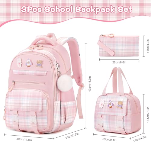 3PCS School Backpack for Girls, Girls Backpack with Lunch Box, Pencil Case, Cute Kawaii Plaid Book Bag for Teen Girl Kindergarten Elementary Preschool Middle High School, Pink - color: Pink