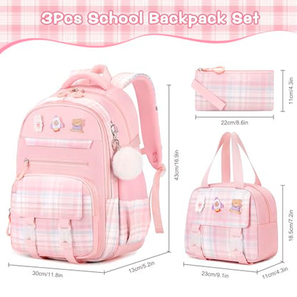 3PCS School Backpack for Girls, Girls Backpack with Lunch Box, Pencil Case, Cute Kawaii Plaid Book Bag for Teen Girl Kindergarten Elementary Preschool Middle High School, Pink - color: Pink
