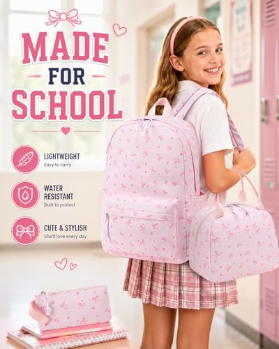 CAMTOP Girls Backpack with Lunch Box Set, Cute Bow School Backpack for Kids, 3-in-1 Lightweight Lunch Bag and Pencil Pouch - color: Pinck Bow Heart
