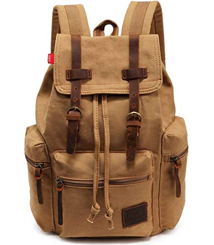 HuaChen Vintage Canvas Travel Backpack with Leather Trim, Laptop Padded Sleeve, Hidden Back Security Pocket, Fits 14-Inch, M32 Khaki - color: Khaki, size: Medium
