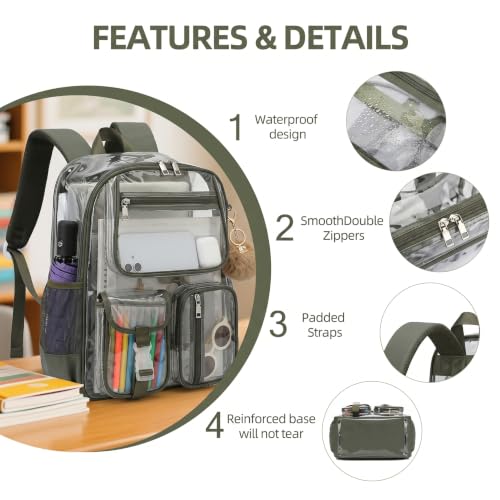 Clear Backpacks for Girls Boys, Heavy Duty PVC Transparent School Bookbag See Through Back Pack for College Work Travel (Army Green) - color: Army Green