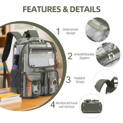Clear Backpacks for Girls Boys, Heavy Duty PVC Transparent School Bookbag See Through Back Pack for College Work Travel (Army Green) - color: Army Green