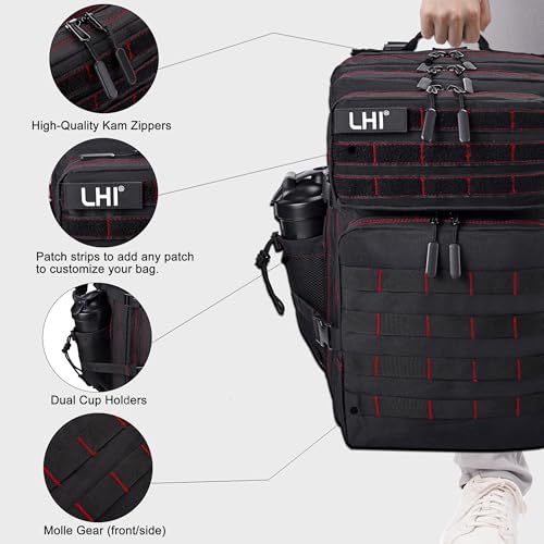 LHI Military Tactical Backpack for Men and Women 45L Army 3 Days Assault Pack Bag Large Rucksack with Shoe Compartment - Black red line - color: 1.21 Shoe Compartment（black Red Line）