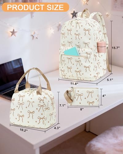 LOIDOU Backpack for Teen Girls Bookbags School Backpack with Lunch Box and Pencil Case 3 in 1 School Bags Set - color: Bow Tie Brown Beige