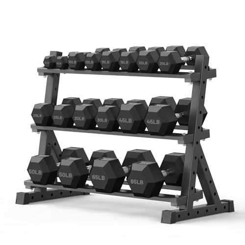 PAPABABE Hex Dumbbell Set with Rack, Rubber Encased Free Weight with Weight Storage Racks, Multiple Weight Options for Home Gym and Fitness - style: 530LB with 3-Tier Weight Rack