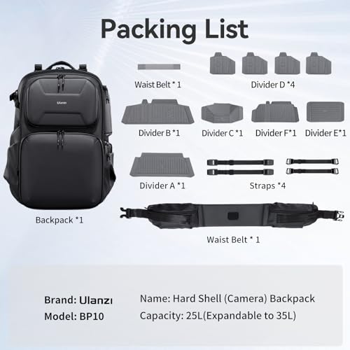 ULANZI BP10 Hardshell Camera Backpack 35L for DSLR Professional Photography Video Accessories Travel Tripod Strorage Large Splash-proof Hardshell Bag for Sony Canon Women Men w Tripod&Laptop Holder - size: BP10 35L Shoulder Bag