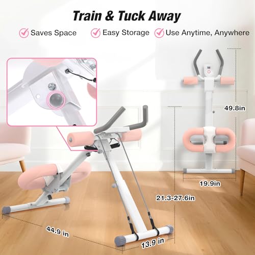WARMOUNTS Ab Machine, Ab Workout Equipment, Adjustable Core & Ab Trainer Machine with Resistance Bands for Home Gym, Foldable, Knee Protection, Abdominal Exercise Equipment for Stomach Workout (Pink)