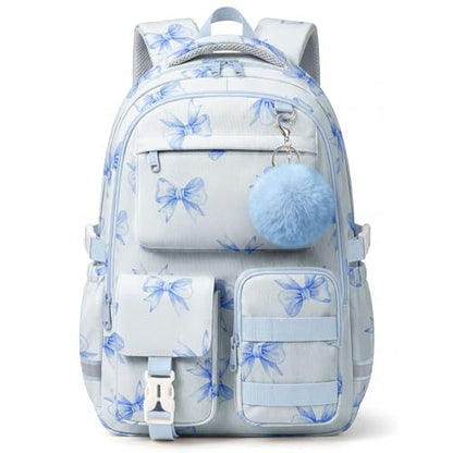 WOBAGMEN Cute Bow Backpack for Teen Girls, Large Capacity Multi-Pocket School Bag Fits 15.6" Laptop, Lightweight Durable Daypack for School and Travel (Blue Bow, M) - color: Blue Bow