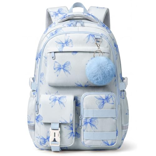 WOBAGMEN Cute Bow Backpack for Teen Girls, Large Capacity Multi-Pocket School Bag Fits 15.6" Laptop, Lightweight Durable Daypack for School and Travel (Blue Bow, M) - color: Blue Bow