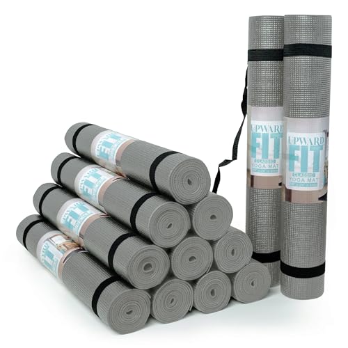 12-Pack Classic Yoga Mat With Carrying Strap, 68" x 24" Non Slip Exercise Mat, 4mm Thick Gym Mat, Bulk Non Toxic Yoga Mats for Home Workout, Schools, Classroom, and Studios - color: Gray