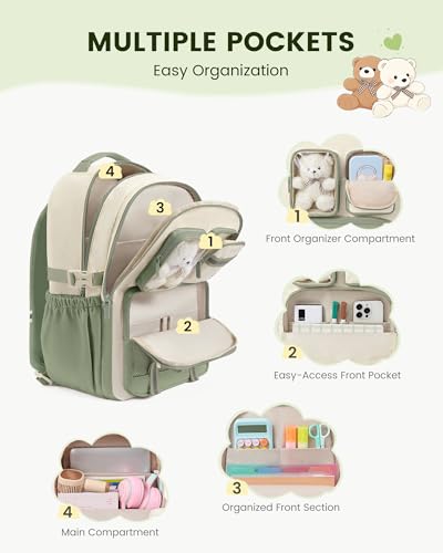 LOVEVOOK Cute School Backpack for Girls Ages 8-14, Bookbag with Plush Bear & Clear Display Pocket, Fits 15.6 Inch Laptop & 40oz Tumbler, Back to School Backpack for Elementary & Middle School - color: Green / Off-white