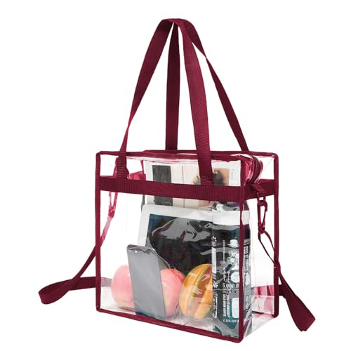 BAGAIL Clear Bags 12x6x12 Stadium Approved Clear Tote Bag with Zipper Closure Crossbody Shoulder Bag with Adjustable Strap - color: Burgundy