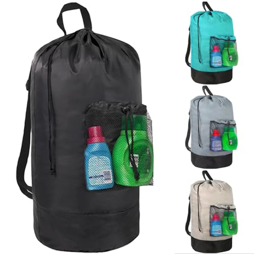Laundry Bag Backpack with Shoulder Straps and Mesh Pocket Laundry Backpack Large Portable Laundry Hamper for College Laundromat Apartment with Drawstring Closure, Adjustable Back Straps (Black) - color: Charcoal Black