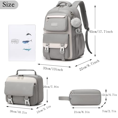 Makukke School Backpack for Girls Book Bag Set, School Bag for Teens Girls Kid Children Elementary Middle School Student, Waterproof Gray Backpack - color: Gray