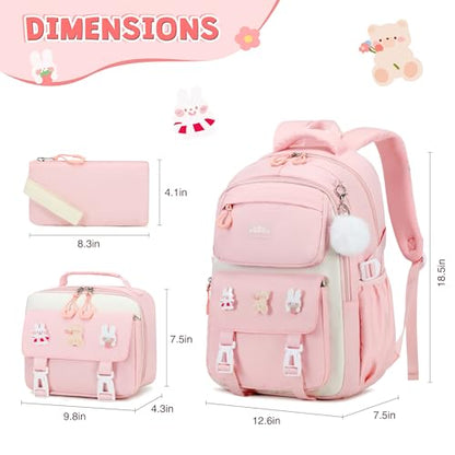 DIGOBAY 3PCS Girls Backpack for School, Kids Backpack for Girls with Lunch Box Pencil Case Set for Teen Girl Elementary Primary Middle High College School Bookbag with Cute Pins (Pink) - color: Pink