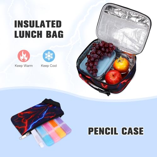 Bevalsa Backpack for Boys, Lightning School Bags with Lunch Bag & Pen Case for Kids, Bookbag for Boys Teens Elementary Middle High School - color: Red Blue