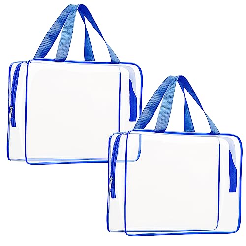2Pcs Crystal Clear PVC Travel Toiletry Bag Kit for Women Men, Waterproof Vinyl Packing Organizer Storage Bags with Zipper Handle Straps, Cosmetic Pouch Carry on Airport Airline Compliant Bag Handbag - color: 2pcs Blue-Large, size: 2pcs Large
