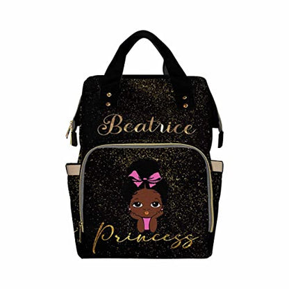Custom Black Diaper Bag Backpack with Golden Glitter Personalized African Princess Nappy Bag Casual Travel Daypack Customized Newborn Gift for Women - color: 230112-7