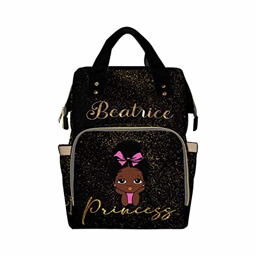 Custom Black Diaper Bag Backpack with Golden Glitter Personalized African Princess Nappy Bag Casual Travel Daypack Customized Newborn Gift for Women - color: 230112-7