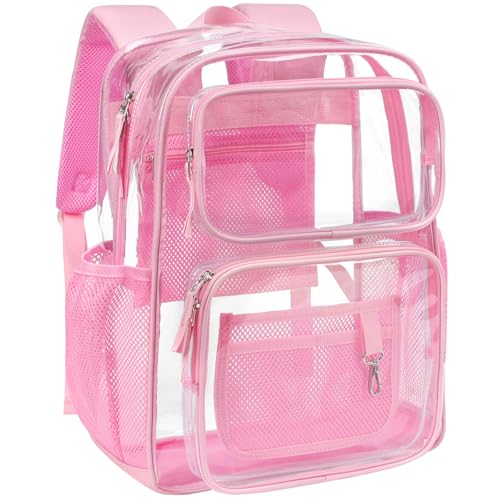 PACKISM Clear Backpack for School - 17 inch Large Heavy Duty Bookbag, Reinforced See Through PVC Transparent Backpack - color: Cute Pink, style: Daypack Backpacks