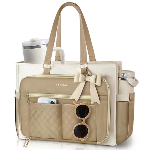 Teacher Tote Bag for Women,Multi-Pocket Laptop & Nurse Work Bag with Cup Holder,Structured Business Briefcase Computer Purse - color: Khaki-beige-coffee, size: 15.6 inches