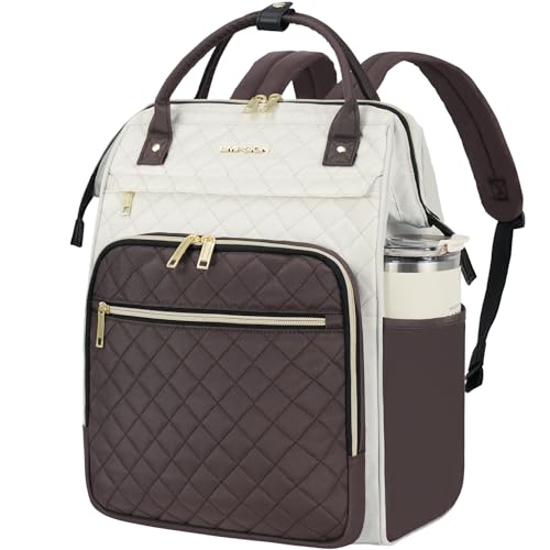 EMPSIGN 17 Inch Laptop Backpack for Women, Work Business Travel Computer College Bags, Large Capacity Water-repellent Quilted Casual Daypack, Beige-Coffee - color: Beige/Coffee, size: 17 inch