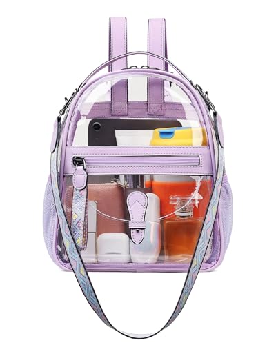 FADEON Clear Small Backpack Purse for Women, Designer Transparent Shoulder Handbag, PVC Mini Clear Bag for Stadium Approved - color: Purple Retro Style