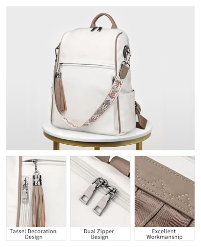FADEON Leather Backpack Purse for Women Designer Travel Backpack Purses PU Fashion Ladies Shoulder Bag with Tassel - color: 1 White Retro Style